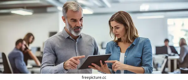 Two Business People Looking At Tablet In Office