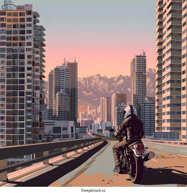 Motorcycle Rider Cityscape Sunset Illustration