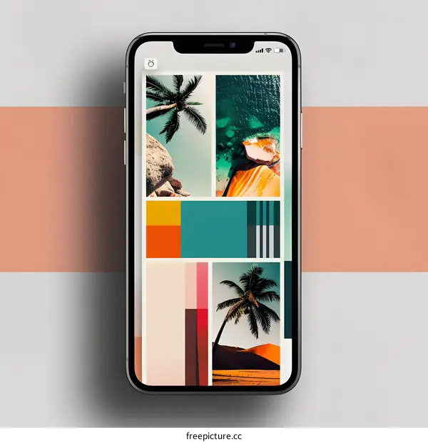 Mobile Phone Screen Displaying Color Palette App With Tropical Beach Images