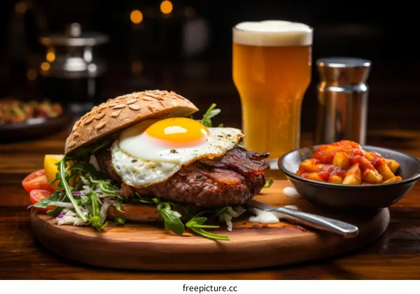 Delectable Burger with Fried Egg, Fries, and Beer