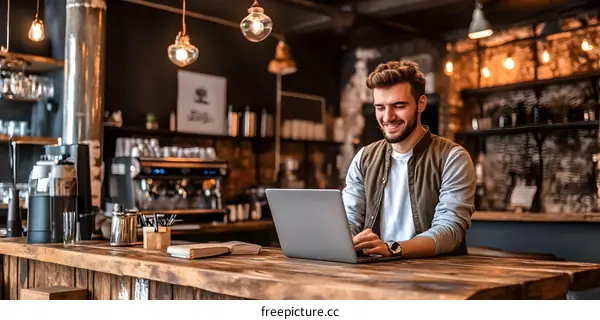 Smiling Man Working on Laptop in Coffee Shop
