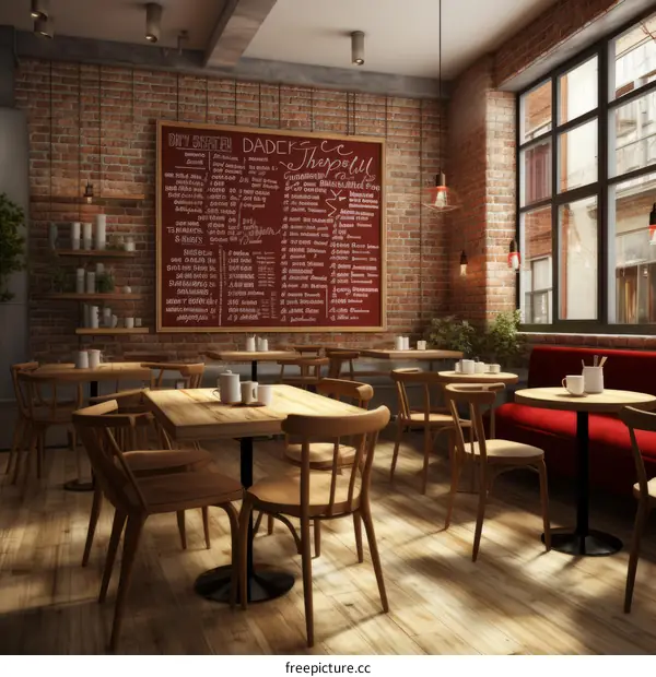 Modern Coffee Shop Interior with Brick Walls and Wooden Furniture