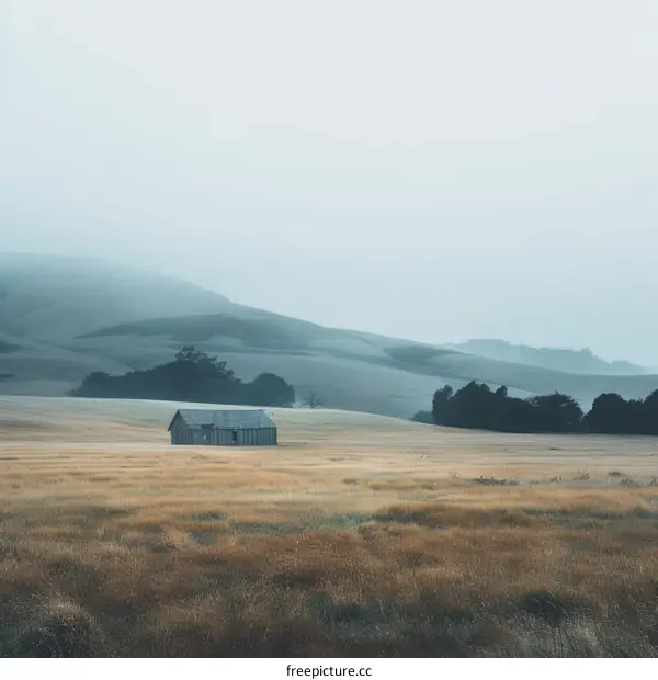 Solitary Wooden Cabin in Foggy Meadow