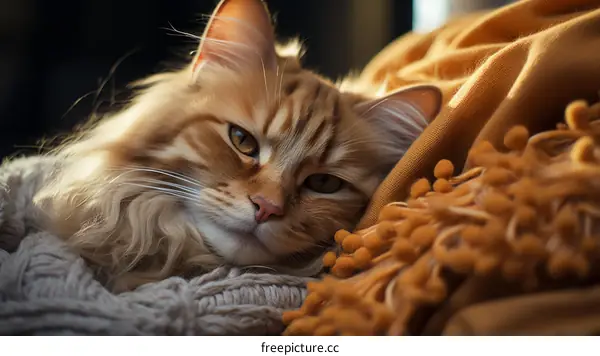 A ginger cat is lying on a blanket