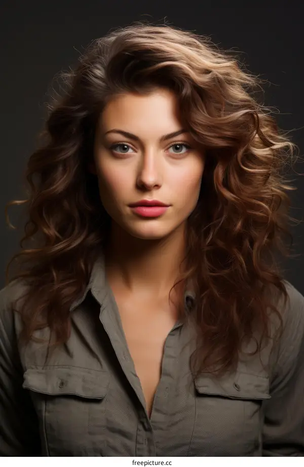 portrait of a beautiful young woman with long brown hair wearing an open collar shirt