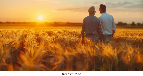 Two farmers standing in a golden wheat field at sunset