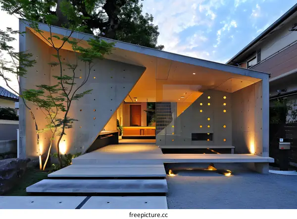 Modern Concrete Architecture House Entrance Design with Glass Walls and Stone Patio