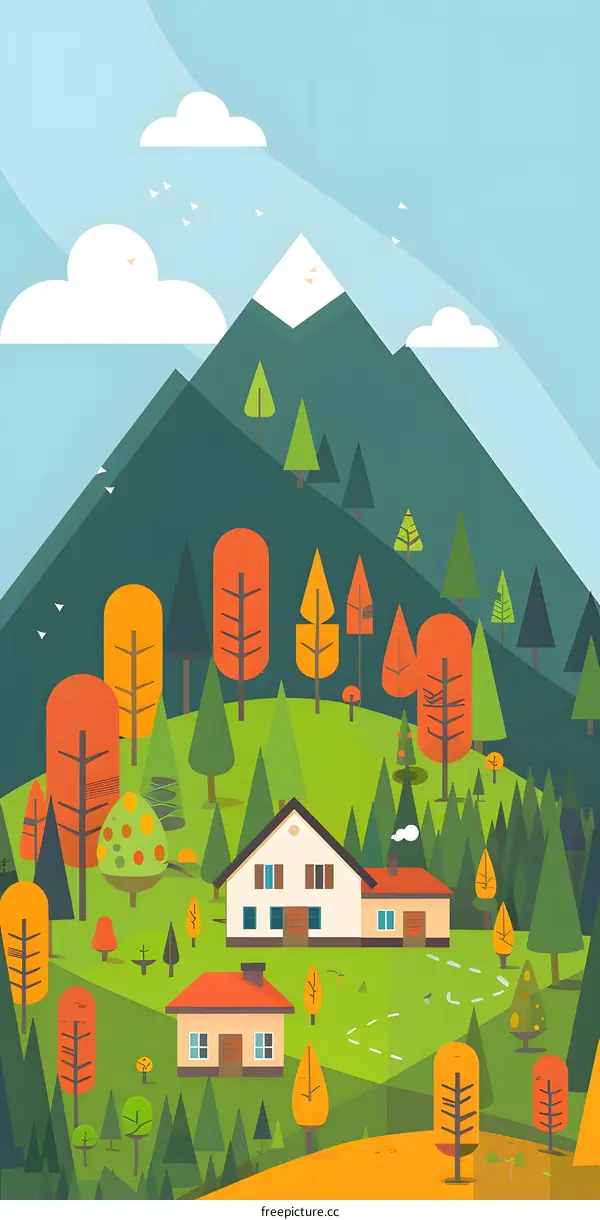 Cartoon Illustration of Houses in Green Forest with Mountains in Background