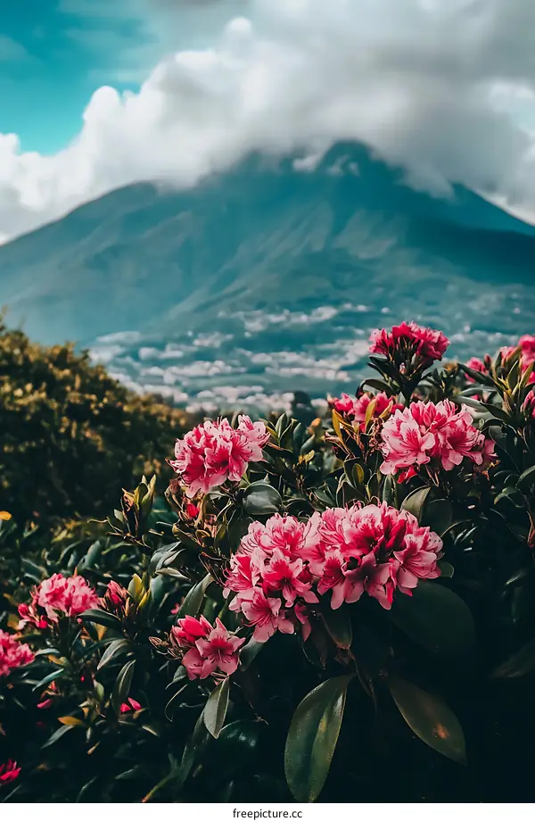 Pink Flowers Blooming In Front Of A Mountain With Clouds