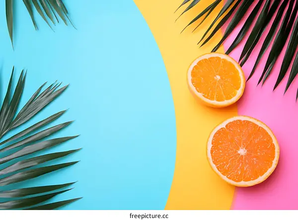 Tropical Summer Background with Orange Slices and Palm Leaves