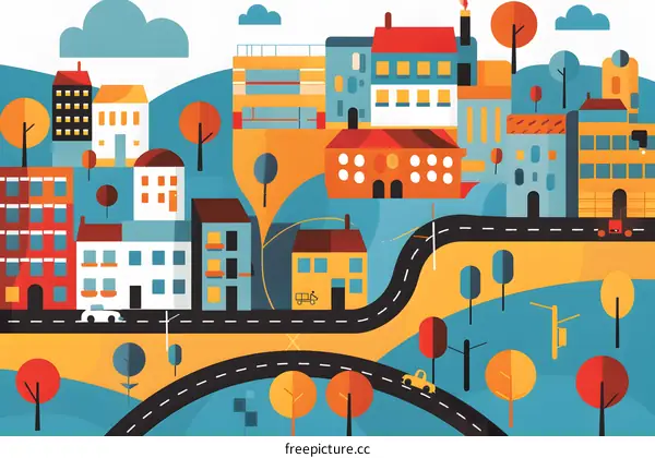 Colorful Cityscape with Winding Road and Buildings