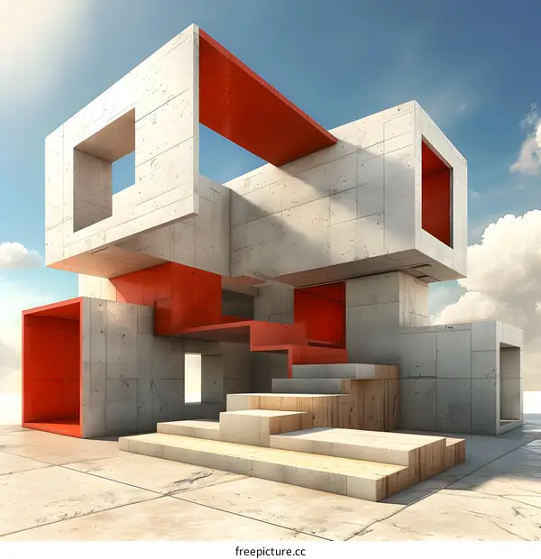 3D rendering of a concrete structure with red accents