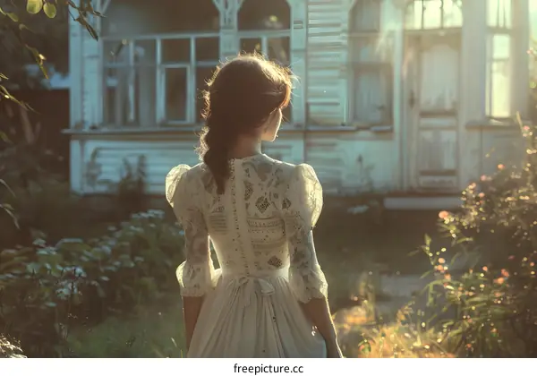 girl in white dress standing in front of an old wooden house