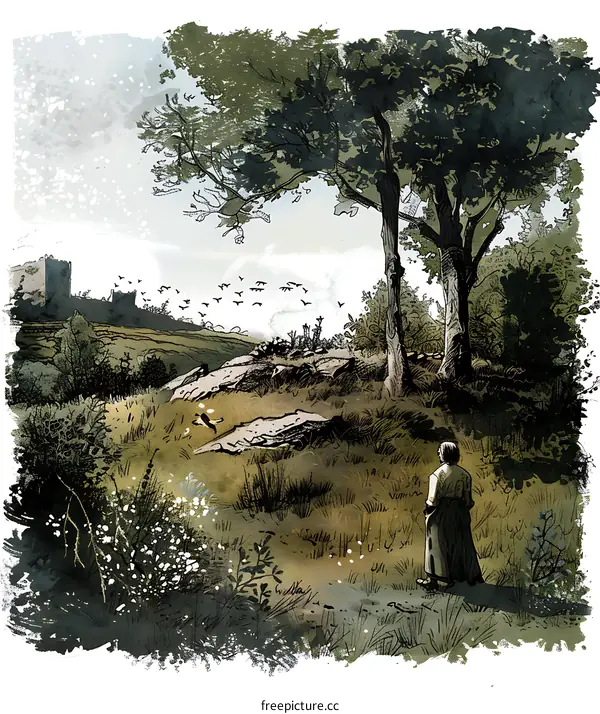 A Woman Standing in a Field and Looking at a Distant Castle