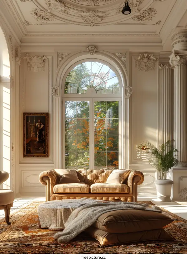 Ornate European-style retro fireplace and sofa in luxurious living room interior