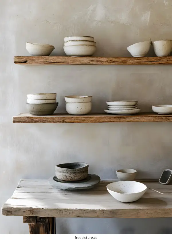 Rustic Wooden Shelves With White Ceramic Bowls