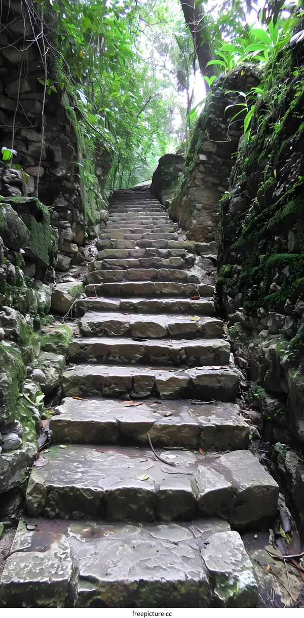 Stone Steps Leading Up Through Lush Green Foliage