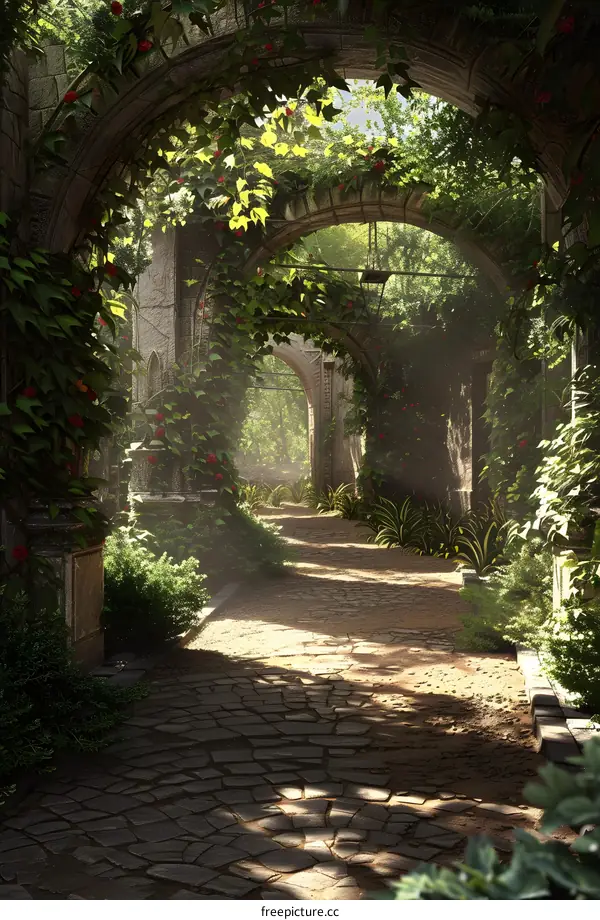 Stone Archway Pathway in Lush Garden