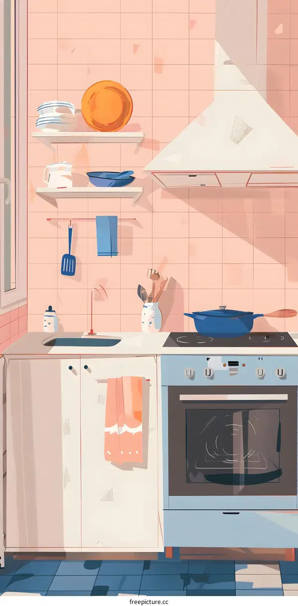 Kitchen Interior Illustration with Pink Tiles and White Cabinets