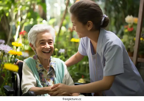 Smiling elderly woman in wheelchair talking to a young woman caregiver in a garden
