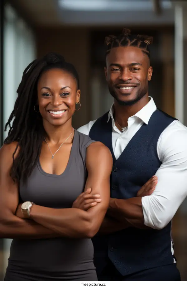 A smiling man and woman standing with their arms crossed.