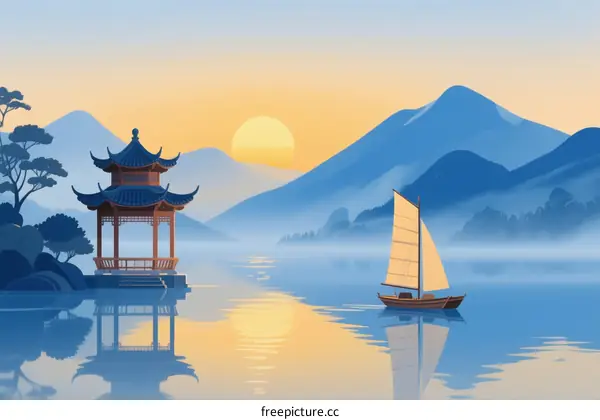 Peaceful Chinese Pavilion and Sailboat on Calm Lake at Sunset