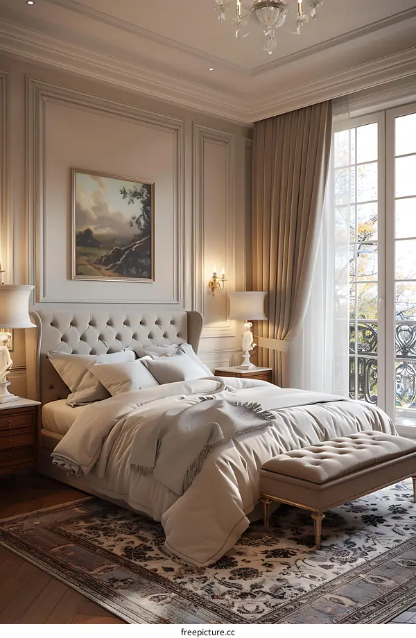 A bedroom with a large bed, a bench, a painting, and a large window.