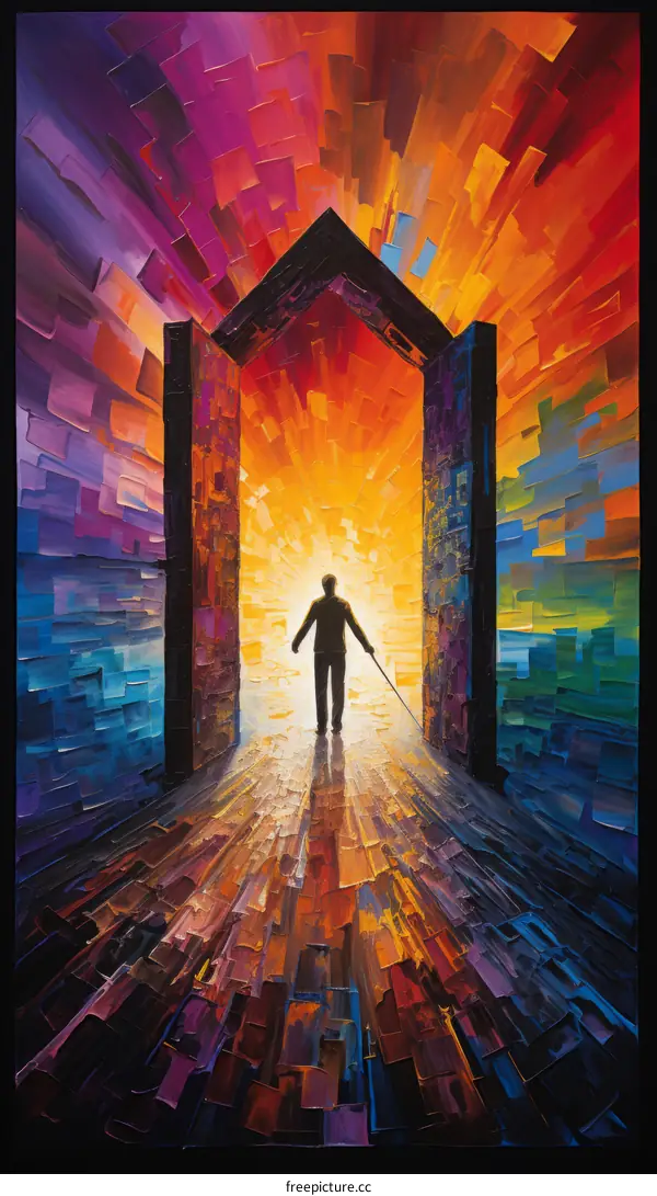 A Blind Man Walks Through a Doorway Towards the Light