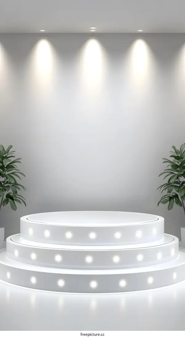 White Stage Podium With Spotlight And Plant