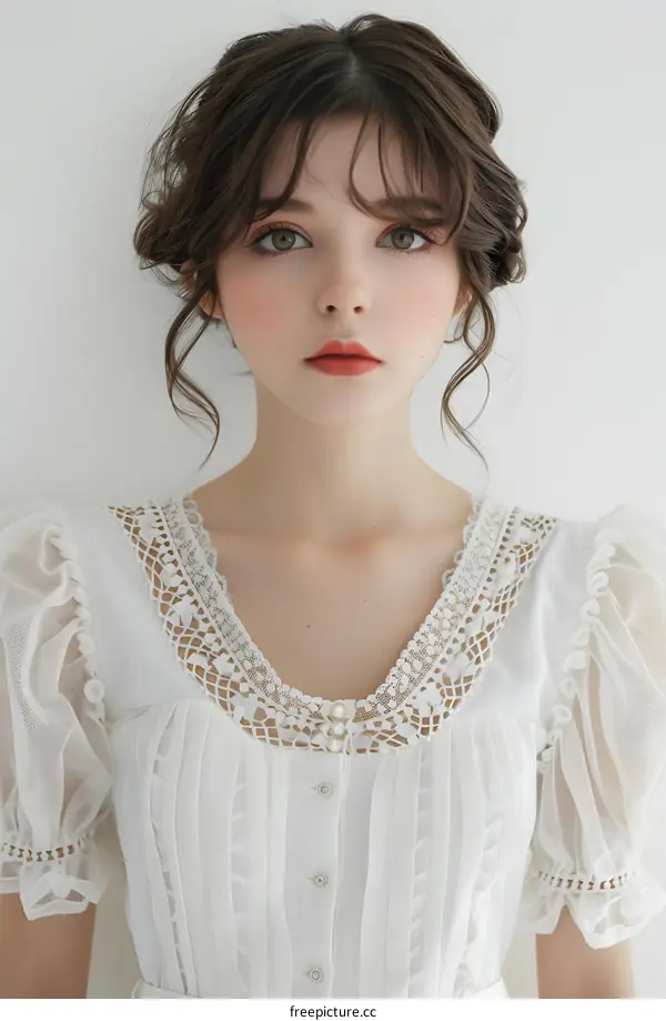 Portrait of a Young Woman with Brown Hair and a White Dress