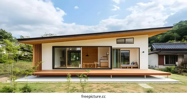 Modern Japanese House with Wooden Deck and Sliding Doors