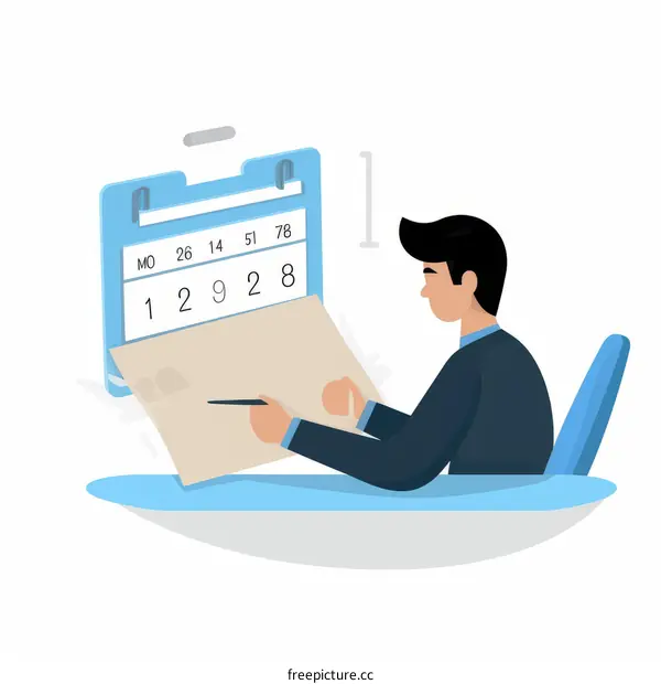 businessman writing on giant desk calendar