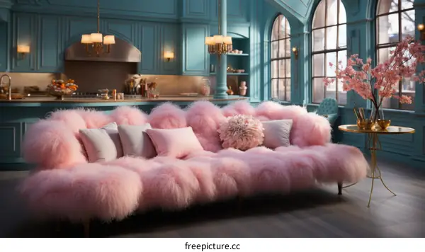 Pink Furry Sofa in Blue Room with Floral Arrangement