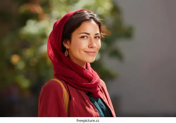 Smiling Woman in Red Hijab Outdoor Portrait