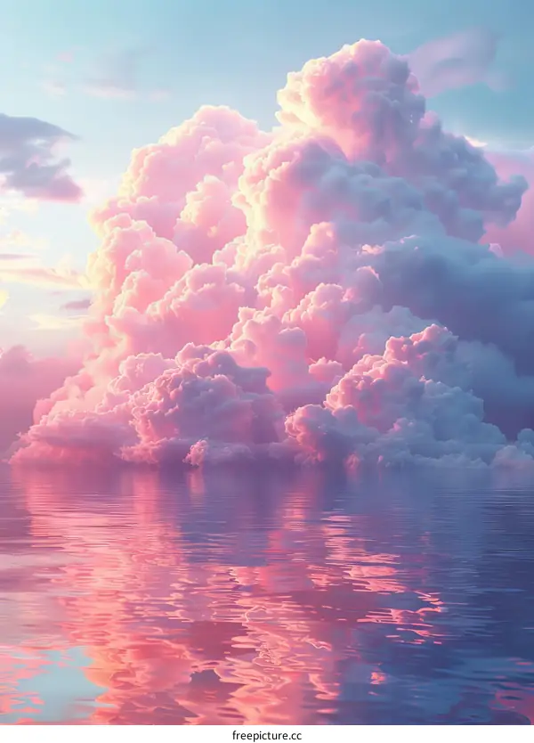 Pink clouds are reflected on the water, forming a beautiful picture