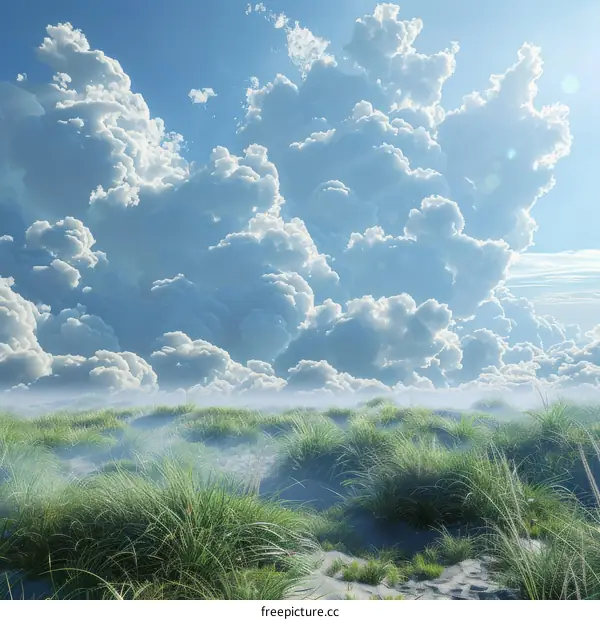 Artistic White Fluffy Clouds with Green Grass Illustration