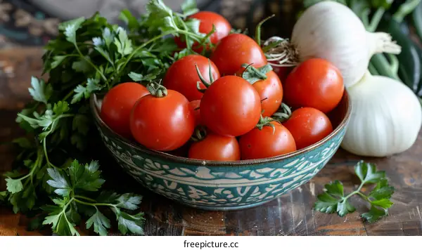 A bowl of fresh tomatoes with parsley and onions