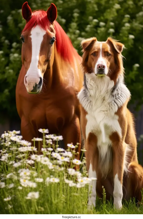 A brown horse and a black and white dog standing in a field of white flowers