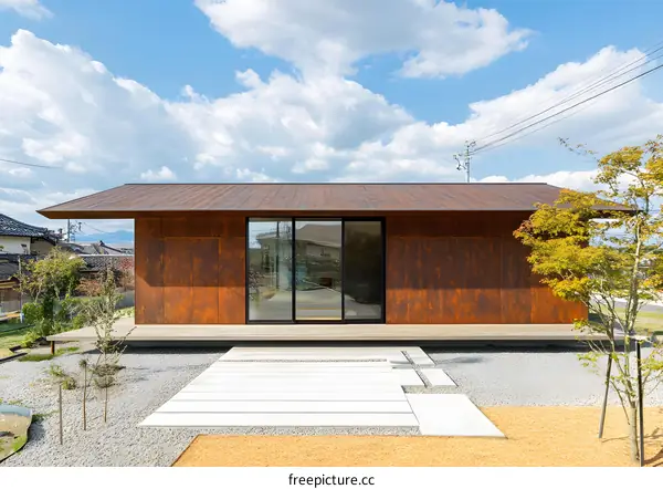 Modern Rust House with White Stone Pathway