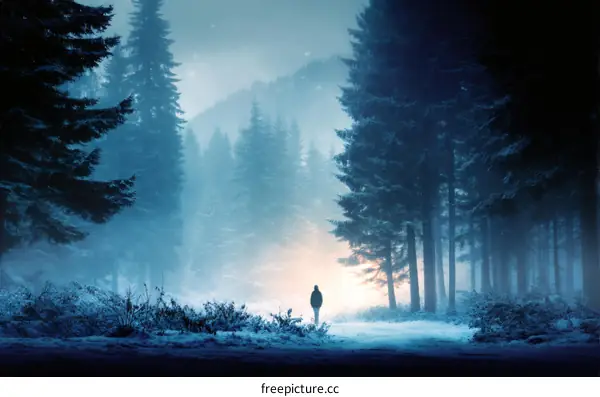 Winter Forest Path with a Lone Figure