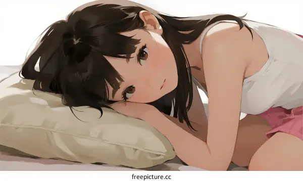 A young woman lying on a soft pillow with relaxed expression