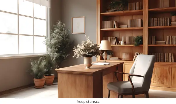 Cozy Home Office with Wooden Bookshelves and Plants