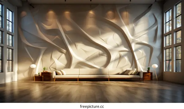 Modern interior of living room with white wall sculpture