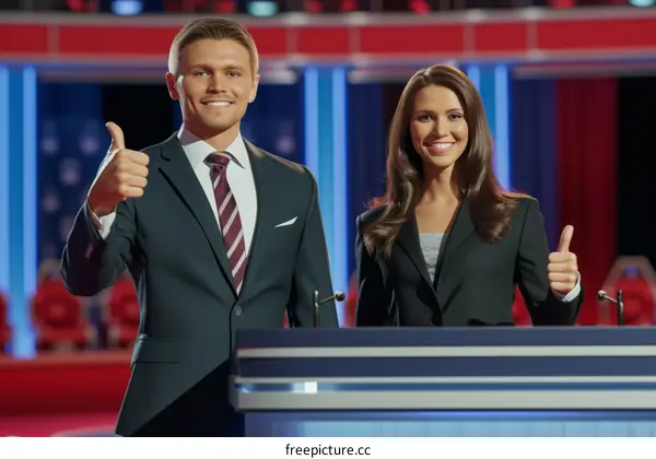 Two people standing at a podium giving thumbs up