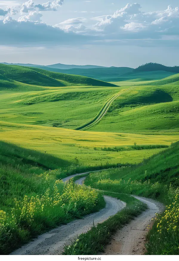 Countryside dirt road through green rolling hills