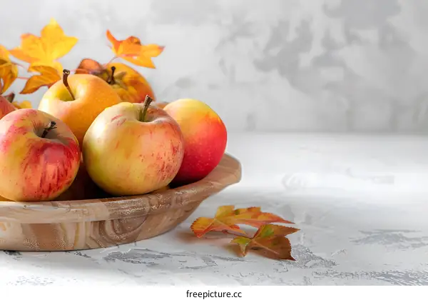 Red and Yellow Apples in Wooden Bowl with Autumn Leaves