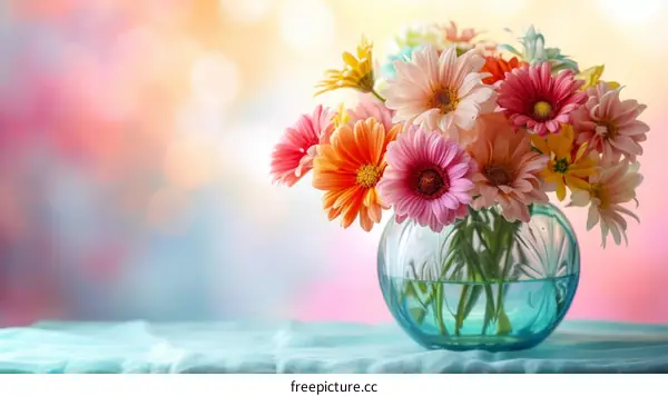 A beautiful bouquet of colorful gerbera daisies in a blue vase
