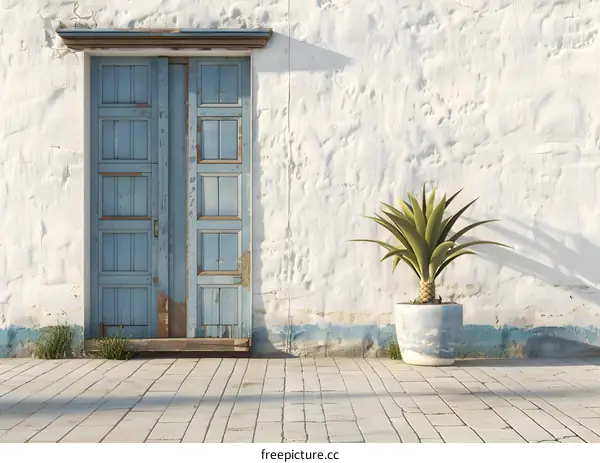 Vintage Blue Door with Potted Plant and White Wall