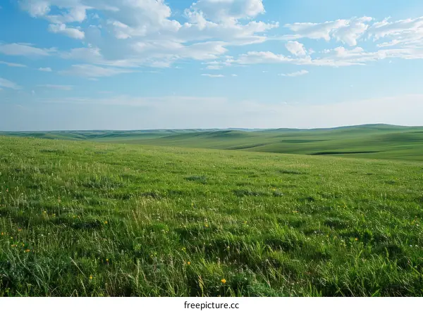 Vast green grassland landscape under blue sky and white clouds