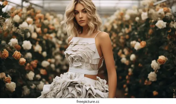 Elegant woman with blonde hair posing in a lush garden of roses
